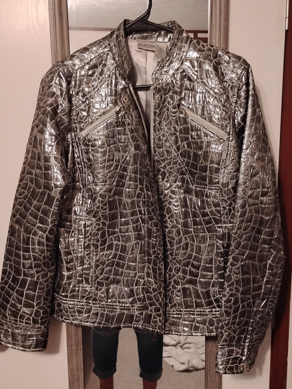 Chico's Metallic Silver Crocodile Embossed Moto Jacket Full Zip Size 1 M / 8